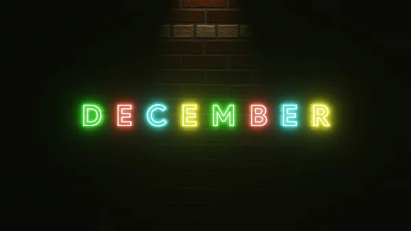 December Tekst Neon Licht Kleurrijk Baksteen Muur Textuur Illustratie Weergeven — Stockfoto