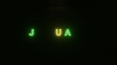 Ocak metni, tuğla duvar dokusunda neon renkli. 3 boyutlu resimleme. Ocak ayı için neon sembolü. 4K Çözünürlük Videosu. Neon ışığı metni ve duvar tuğlası dokusu basit ve zarif