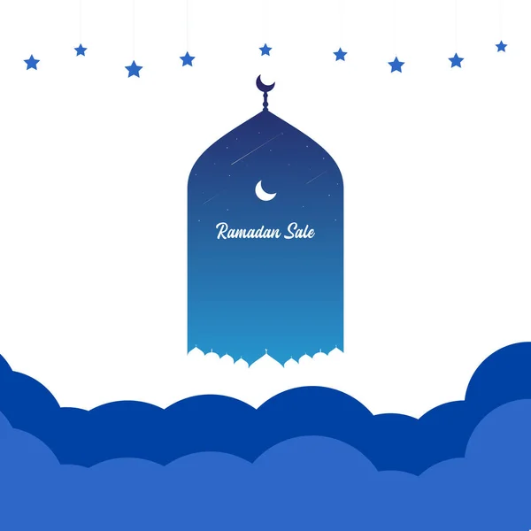 Una Luna Creciente Blanca Mezquita Texto Ramadán Venta Con Estrellas — Vector de stock