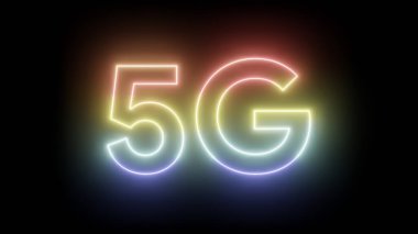 Siyah izole edilmiş arkaplanda 5 gramlık neon ışığı renginde bir metin. 3 boyutlu resimleme. 5G mobil ağ teknolojisi arka planı. Gelecek neslin interneti. Nöron fütüristik. 5G çevrimiçi iletişim