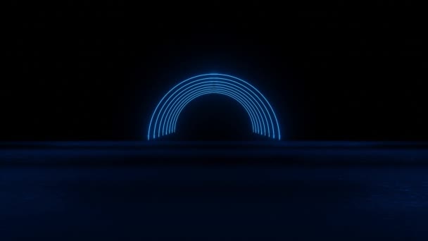 ネオンライト抽象的な背景 反射のある青いネオンレーザー円 4K解像度ビデオ 抽象技術のレトロな背景です 未来的な光る動きのデザイン 3Dイラストレンダリング — ストック動画