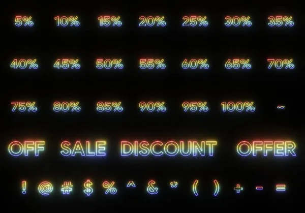 Text Försäljning Rabatt Erbjudande Och Underteckna Procent Färgglada Neon Effekt — Stockfoto