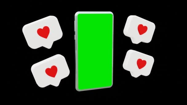 Moderní Smartphone Láska Ikona Zelenou Obrazovkou Černém Pozadí Ilustrace Vykreslování — Stock video