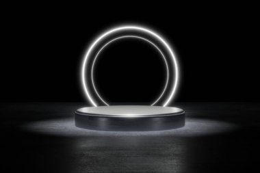 Beyaz neon ışıklı ürün arka plan sahnesi ya da Grunge Caddesi zemininde parlayan spot ışığı ve boş ekran platformu olan podyum kaidesi. 3d illüstrasyon oluşturma