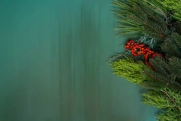 Fond Noël Avec Des Branches Sapin Aubépine Épicéa Vert Plat — Photo