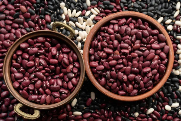 beans in brown ceramic bowl and copper bowl. bowl of beans. black bean, red kidney bean and white bean. navy bean, cannellini bean, white kidney bean. scattered various beans