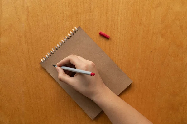Taking notes in blank craft paper notebook. woman hand and red pencil on wooden table background. new year\'s resolution, goals. 2021. coronavirus. lock down, assignment, home office.