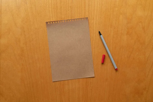 Ahşap masa arkasında el işi kağıt ve kırmızı kalem, izole edilmiş. Not alıyorum. Boş kağıt. Yeni yıl kararları, hedefler. 2021 kopyalama alanı.