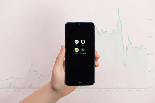 İstanbul, TR - 29 Ocak 2021: Webull etoro, telefon ekranında 212 yatırım uygulaması logosu ticareti yapıyor. Uygulamalar borsaya yatırım yapar. Gamestop 'un hisseleri, Gamestop Şirketi hisseleri, borsa savaşı.