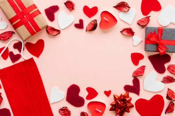 Composición Para Día San Valentín Febrero Rosa Suave Marco Fondo — Foto de Stock