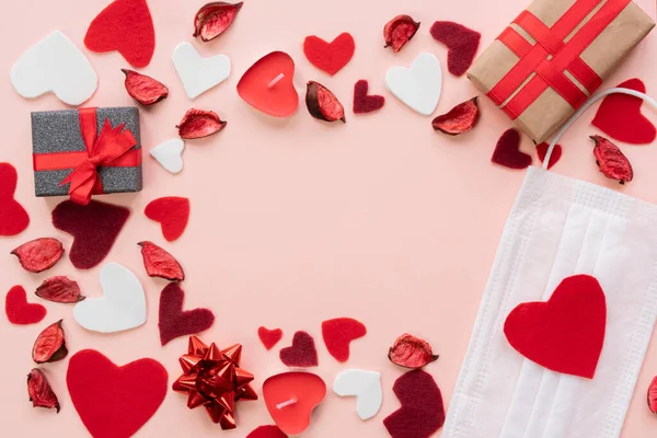 Composición Para Día San Valentín Febrero Rosa Suave Marco Fondo — Foto de Stock