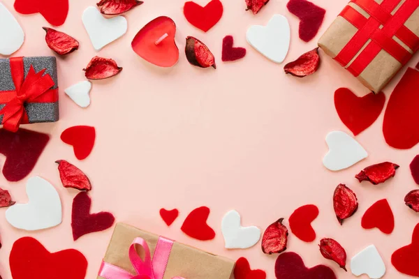 Composición Para Día San Valentín Febrero Regalos Suaves Delicados Fondo — Foto de Stock