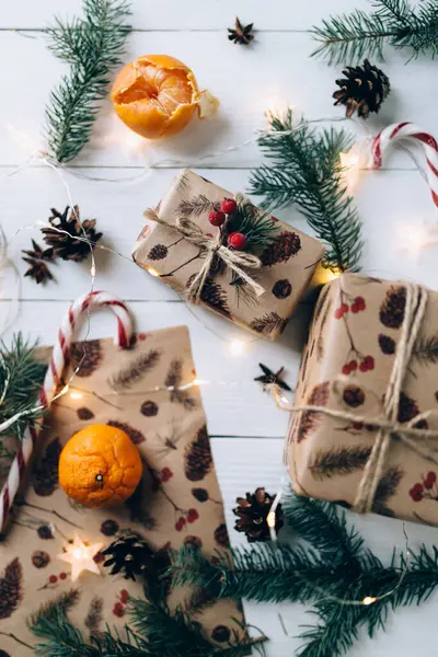 Julklappar Och Godis Jul Bakgrund Jul Tema Semester Atmosfär — Stockfoto