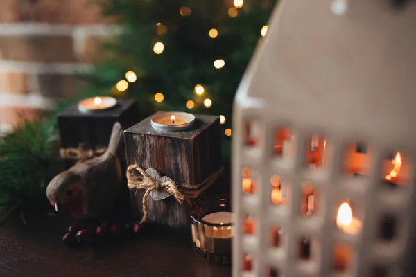 Julen Vintage Ljus Och Ljusstake Julbelysning Julgran — Stockfoto