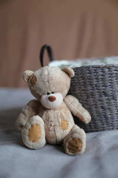 Mjuk Härlig Nalle Med Korg Och Bokeh Högkvalitativt Foto — Stockfoto