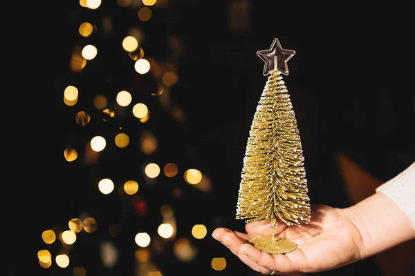 Liten julgran på handen med suddig bakgrund av julbelysning — Stockfoto