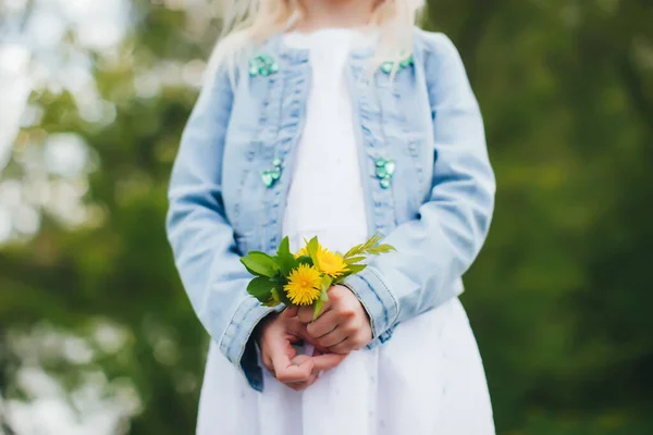 Menina pequena está segurando flores de camomila amarela — Fotografia de Stock