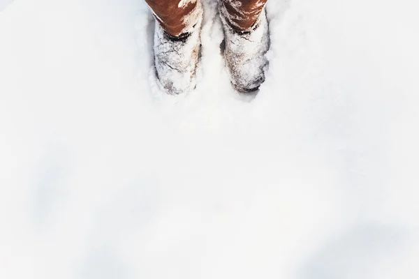 Hnědé boty pokryté sněhem v zimě — Stock fotografie