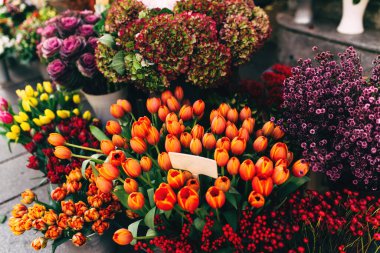 Bir mağaza vitrininde farklı çiçekler boş fiyat etiketleriyle gösterilir