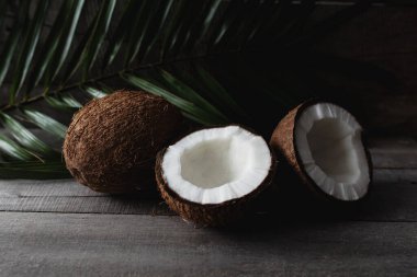 Kırık hindistan cevizleri, gri ahşap arka planda, palmiye yaprağıyla. Beyaz hindistan cevizi hamuru