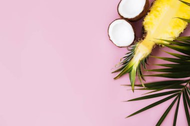 Düz bir zeminde taze ananas, hindistan cevizi ve pastel pembe arka planda yeşil palmiye yaprağı vardı. Pina Colada için. Egzotik meyve. Yüksek kalite fotoğraf