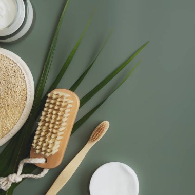 Banyo aksesuarları açık, pastel yeşil arka plan. Sağlık sigortası konsepti, palmiye yaprağı, ahşap diş fırçası, ayak fırçası, pamuk pedler, bez. Eko, sıfır atık, yeniden kullanılabilir, plastiksiz çevre kavramı