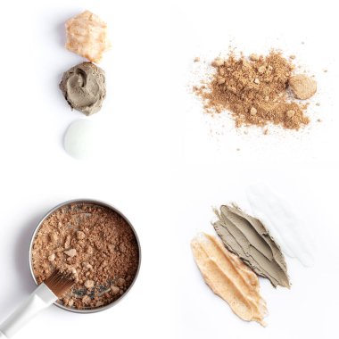 Kozmetik ürünleri, kahverengi yüz veya göz gölgeleri, fırça ve vücut fırçası örnekleri