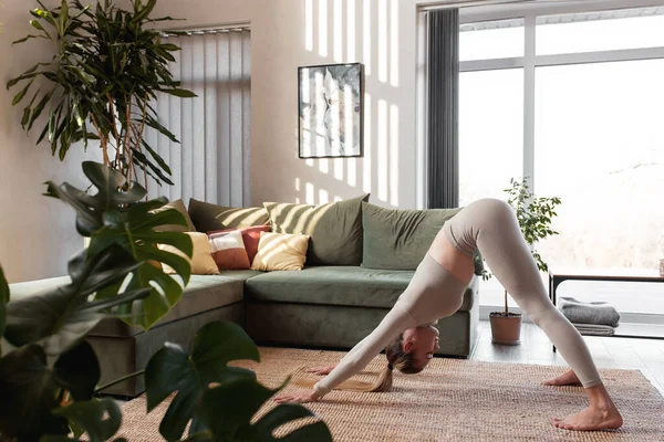 Sağlıklı Yaşam Tarzı Kavramı Evde Yoga Egzersizleri Yapan Bir Kız — Stok fotoğraf