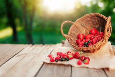 Bulanık sabah güneşinde ahşap terasın arka planında çeşitli böğürtlenlerle çevrilmiş hasır sepet. Çilek, ahududu, frenk üzümü, yabanmersini, kiraz, tatlı kiraz