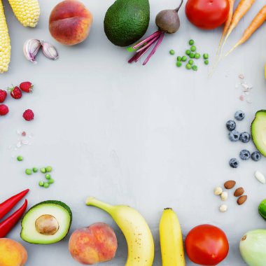 Farklı yiyecekler, organik sebzeler, biyolojik meyveler, böğürtlenler, fındıklar, baharatlar ve otlarla bezenmiş. Bir metin için alanı kopyala. Gri beton arka planda sebzeler. Organik biyolojik yiyecekler sağlıklı yeme konsepti