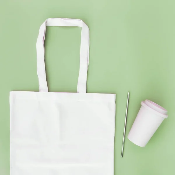 Eco Bolsa Papel Artesanal Blanco Paja Bebida Metal Taza Café — Foto de Stock