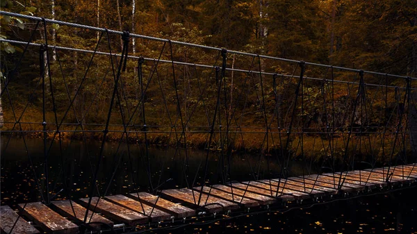 Karelia 'daki Tohmajoki nehri üzerindeki şelale üzerindeki asma köprü.