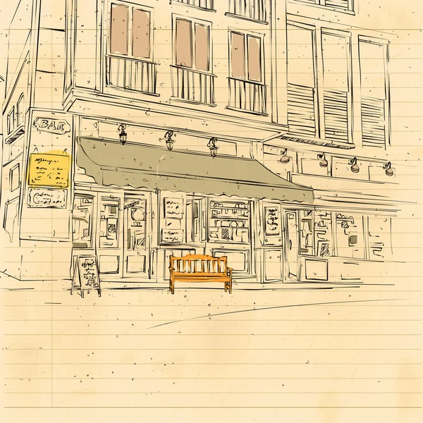 Café ulice, papírové pozadí na ulici náčrtky café — Stockový vektor
