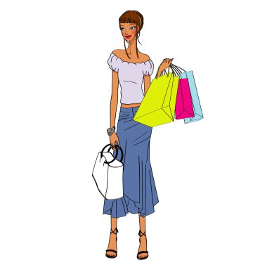 Kızlar, güzel bir kız ile bir çanta holding alışveriş çantası alışveriş