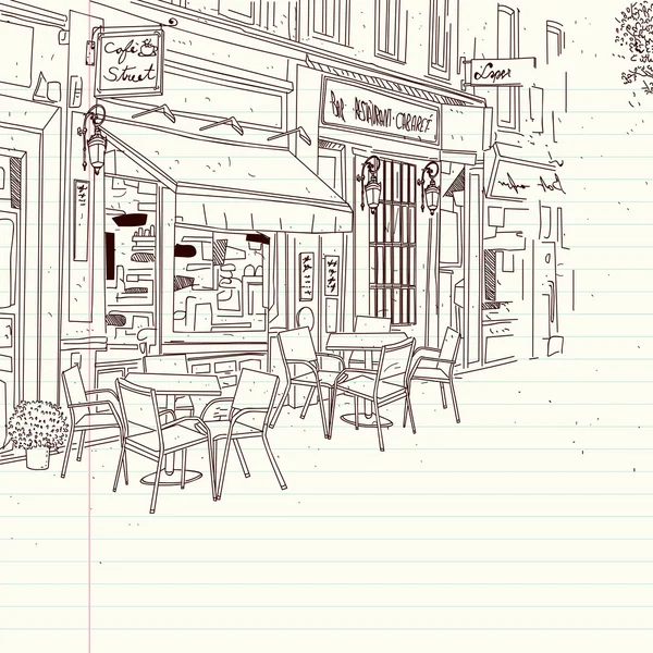 Calle cafetería, bosquejo de un dibujo en papel — Vector de stock