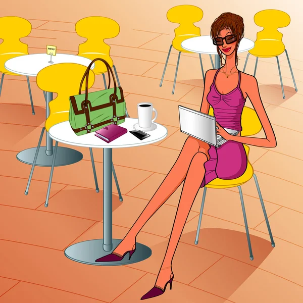 ノート パソコンと cof とカフェに座っている美しい女性 — ストックベクタ