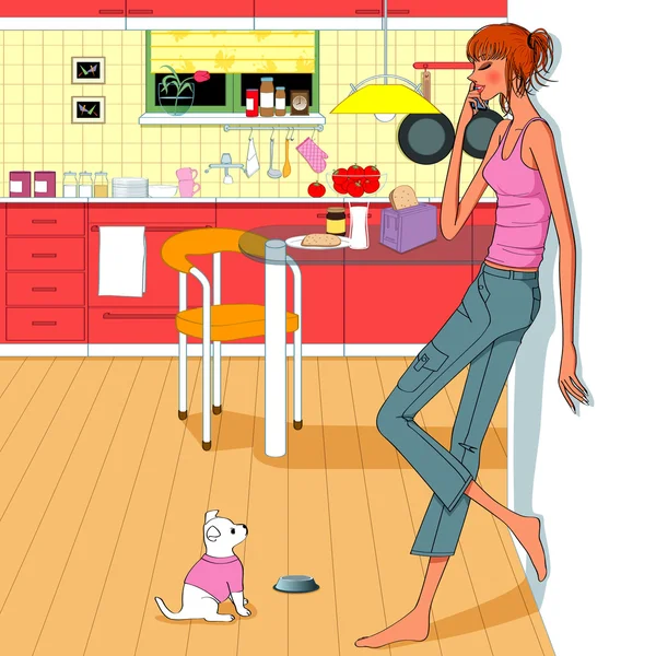 Chica hablando llamada de teléfono móvil en la cocina — Vector de stock