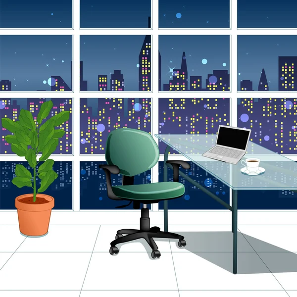 Στο γραφείο εργασίας τη νύχτα με θέα στην πόλη από το παράθυρο — Διανυσματικό Αρχείο