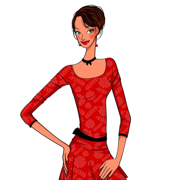 Hermosa mujer joven en un vestido rojo — Vector de stock