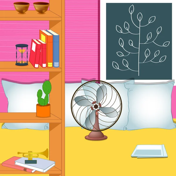 Habitación con ventilador y hojas decorativas — Vector de stock