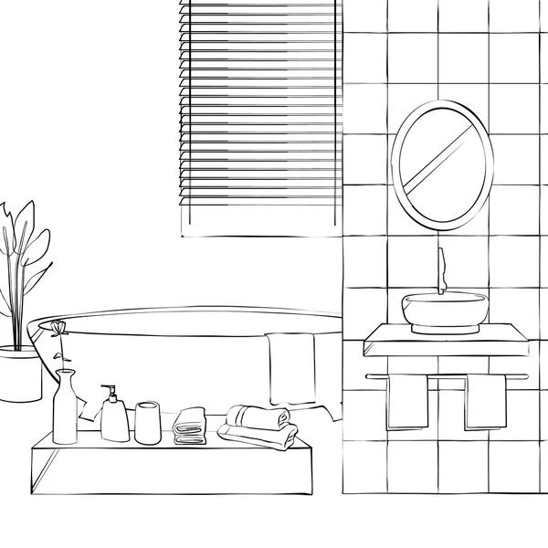 Wnętrze łazienki, łazienka z wanna i zestaw kosmetyków — Wektor stockowy