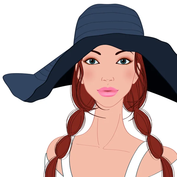 Vacker flicka med stor hatt — Stock vektor