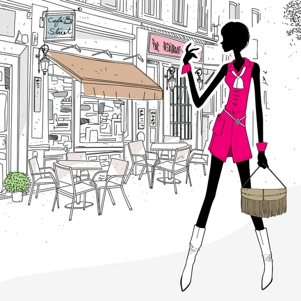 Силуэт женщина в уличном кафе — стоковый вектор