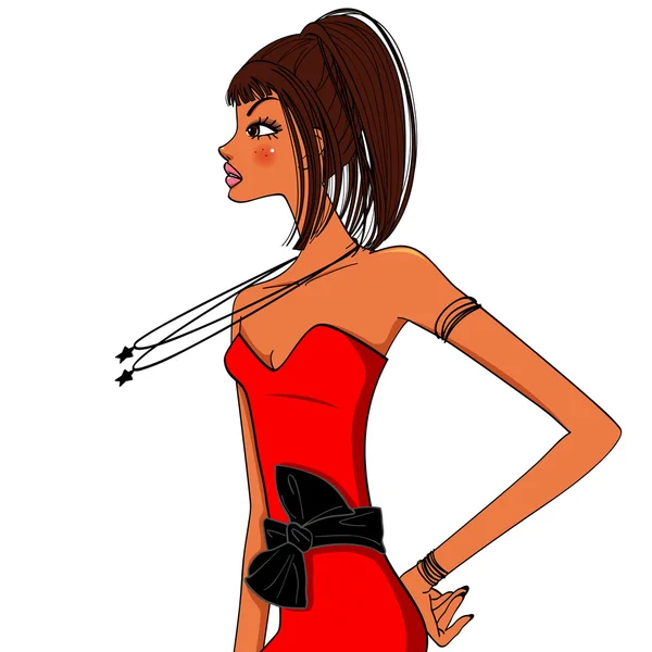 Chic flicka i röd klänning — Stock vektor