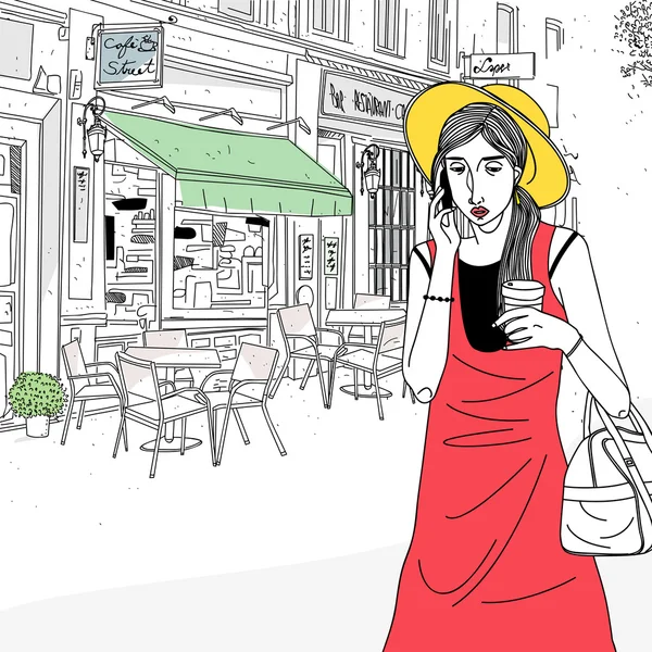 Mujer urbana en café de la calle — Vector de stock