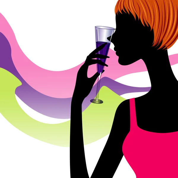 Silueta mujer con una copa de vino — Vector de stock