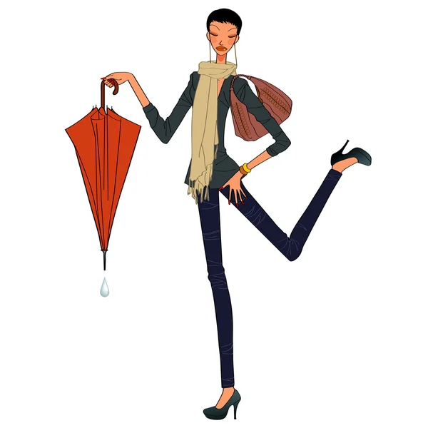 Uma mulher carregando um guarda-chuva — Vetor de Stock