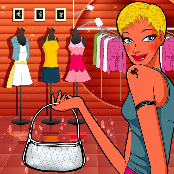 Chica joven de compras en la tienda de vestidos — Vector de stock