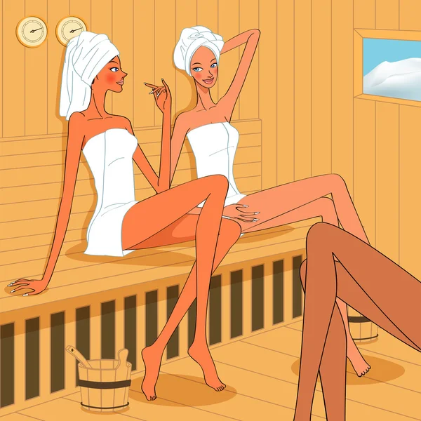Γυναίκες μόνο spa, ελκυστικές φίλες στη σάουνα — Διανυσματικό Αρχείο