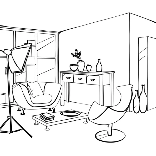 Růžové sofa a zelené židle v obývacím pokoji, načrtnout jednoduchý interiér — Stockový vektor